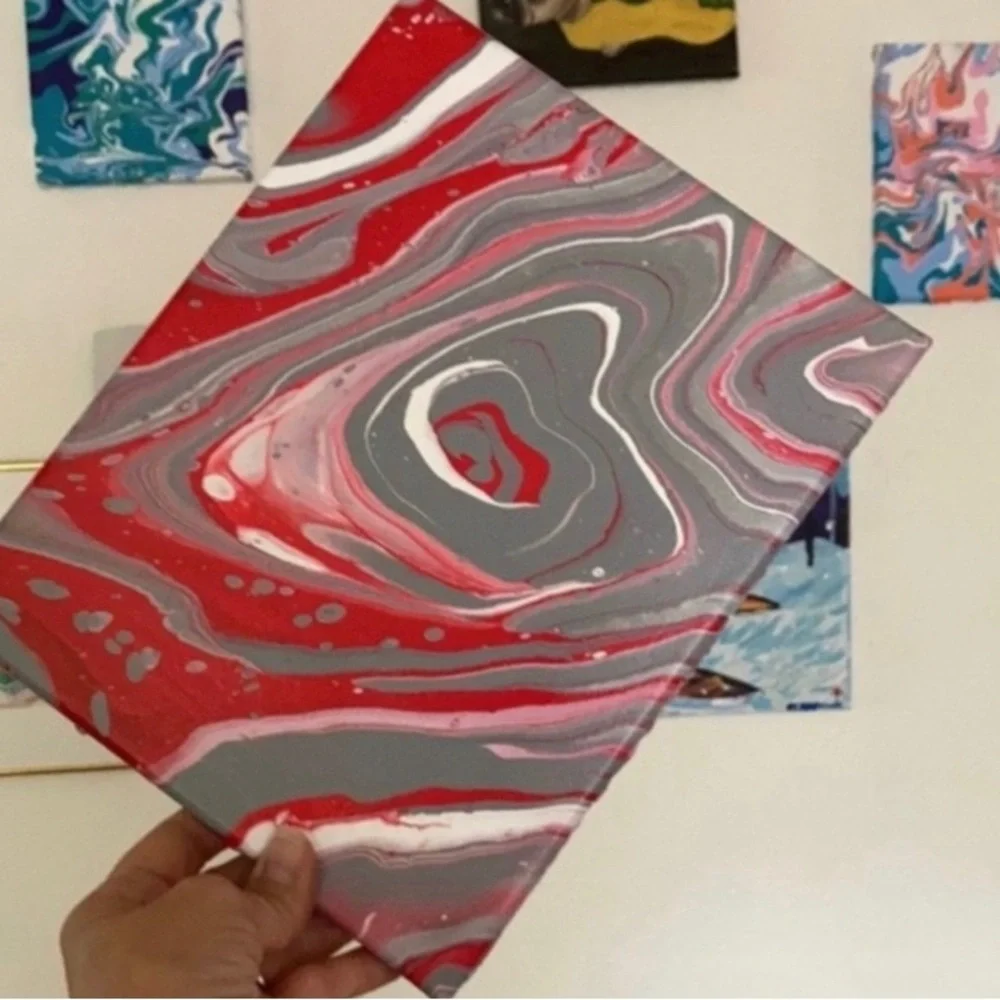 Handmade pour painting art NEW red grey white 8”x10”